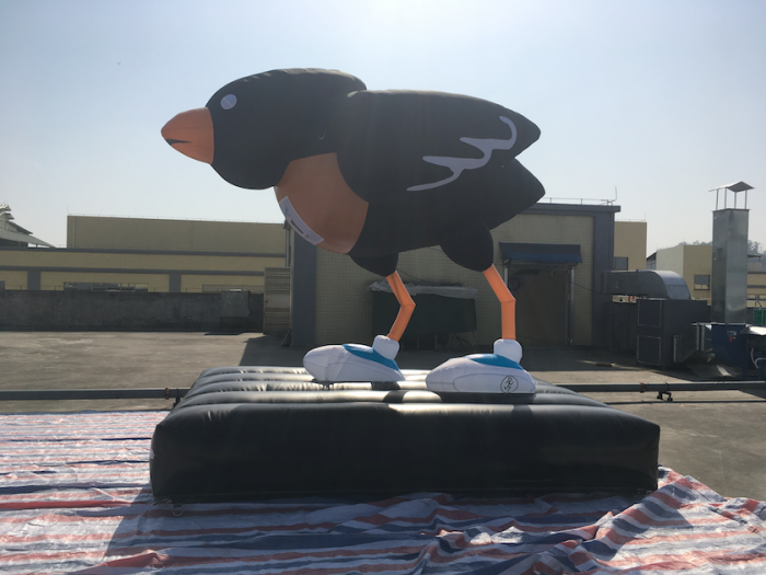 Giant inflatable black crow cartoon mascot in full body running pose on rooftop