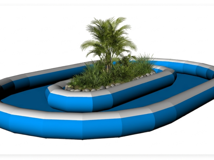 Overhead-angled 3D rendering of inflatable pool surrounding a palm tree island